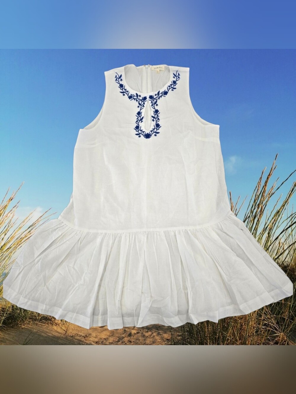 Sleeveless White Mini Sundress with Blue Embroidered Keyhole Neckline
